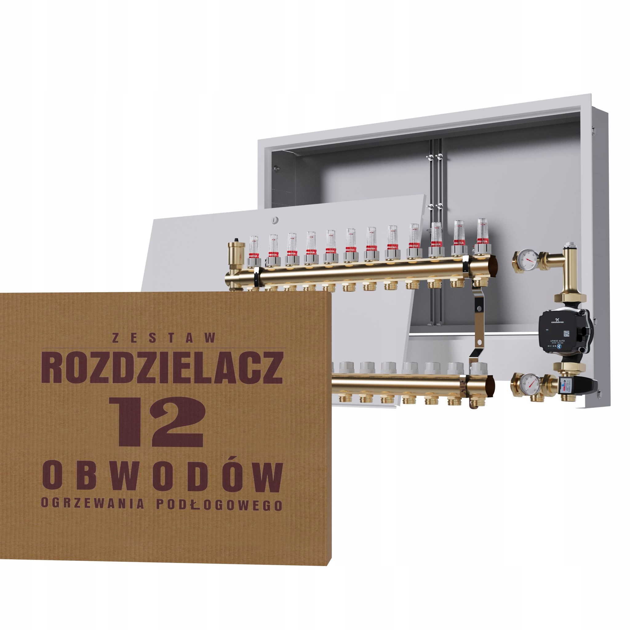 Rozdělovač pro podlahovku 12 okruhů se skupinou Grundfos podomítková skříňka