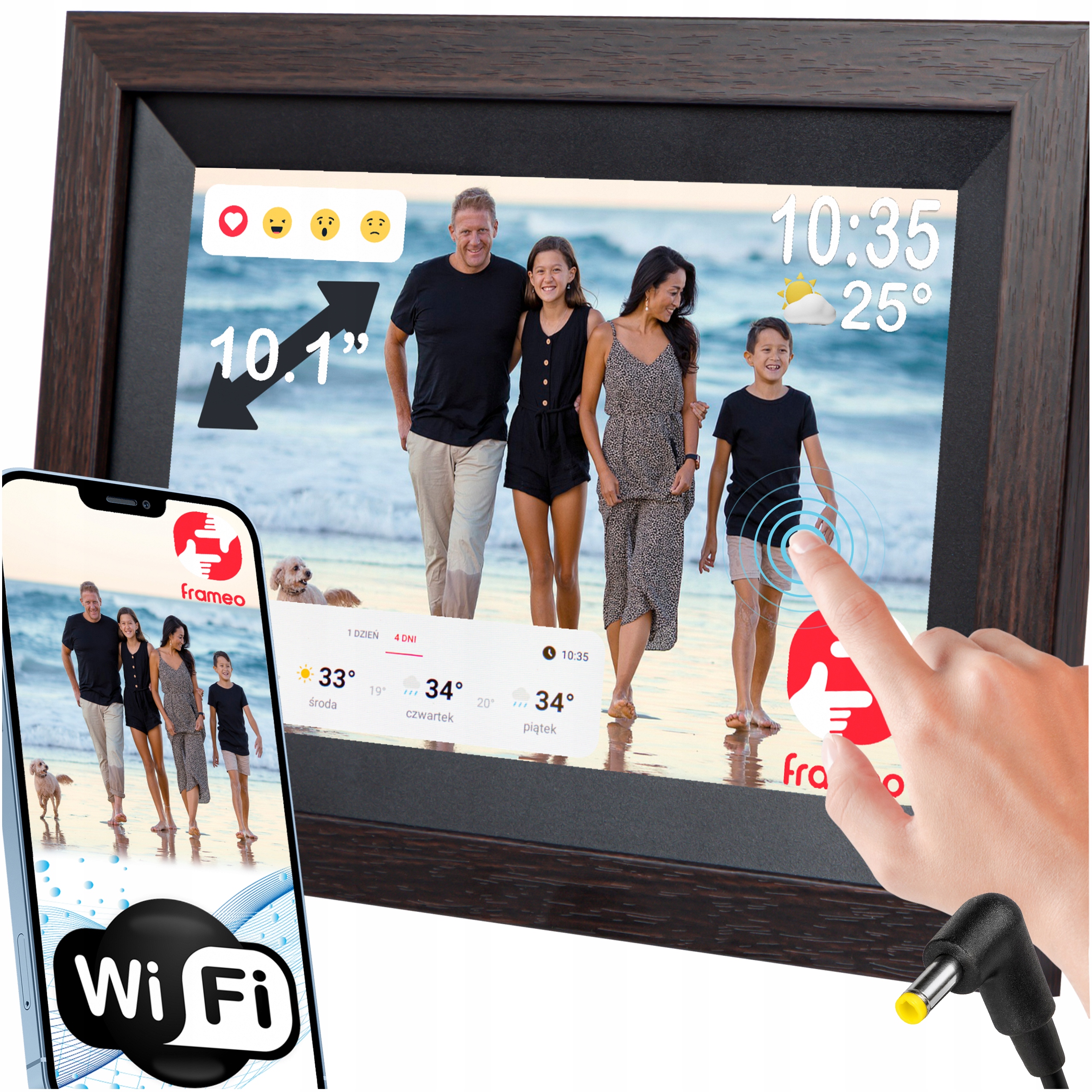 Ramka Cyfrowa 10.1" Na Zdjęcia Fotoramka Muzyka Filmy Wifi Frameo Drewniana