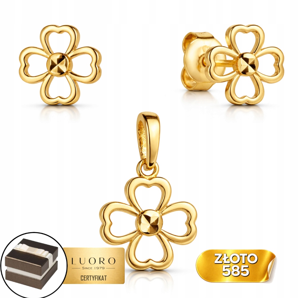 Zlatý Komplet 585 14K Náušnice Přívěsek Čtyřlístek 16 MM Elegantní