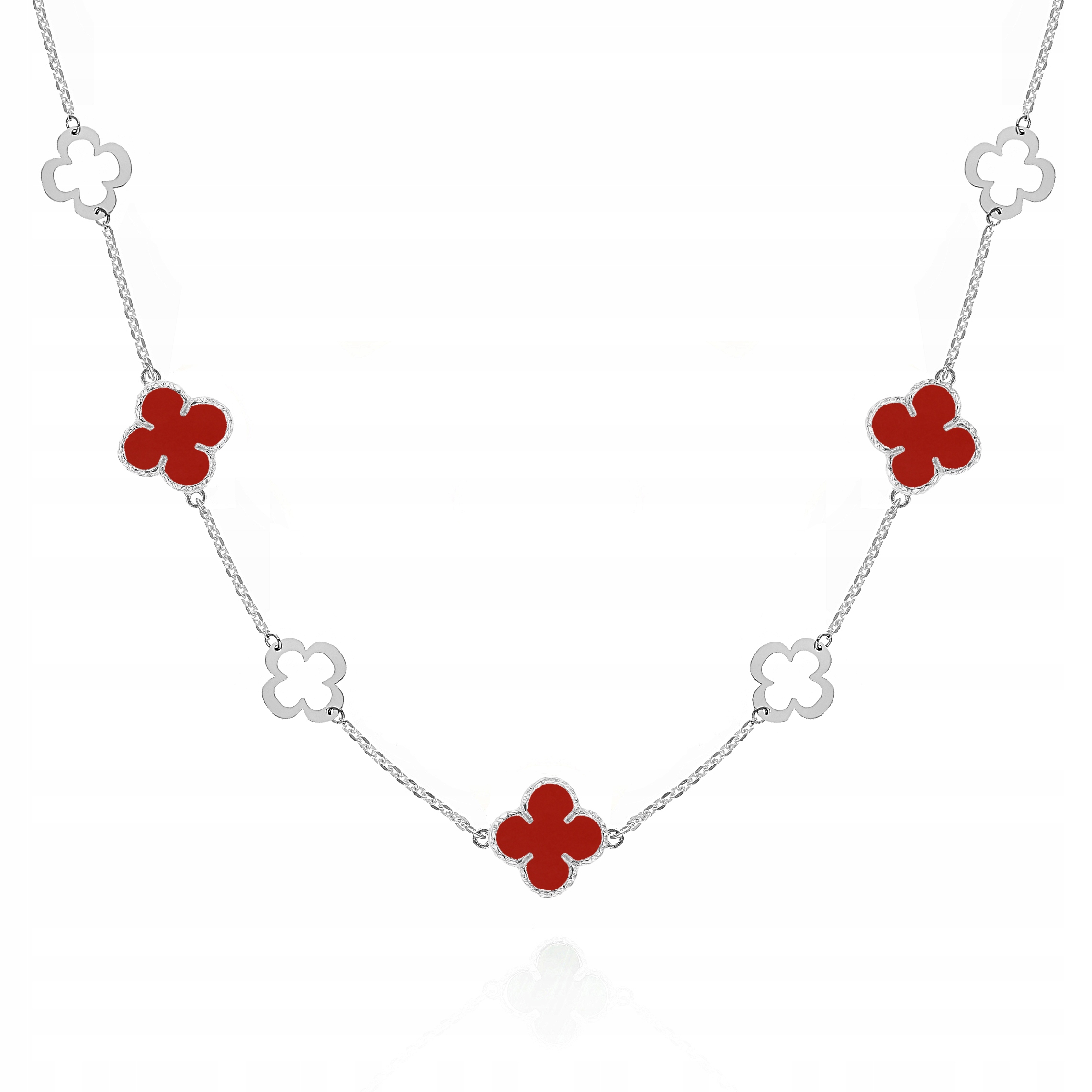 Stříbrný náhrdelník choker čtyřlístky červený achát Ag 925 45 cm