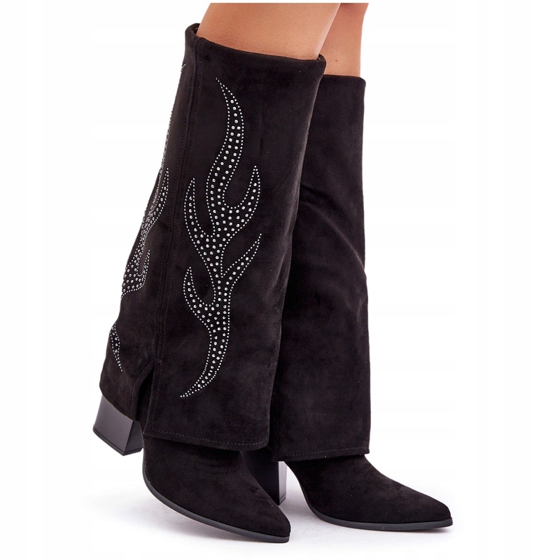 Zdobené Dámské Kozačky S Vysokým Svrškem Svršek Sloupek Černé 37