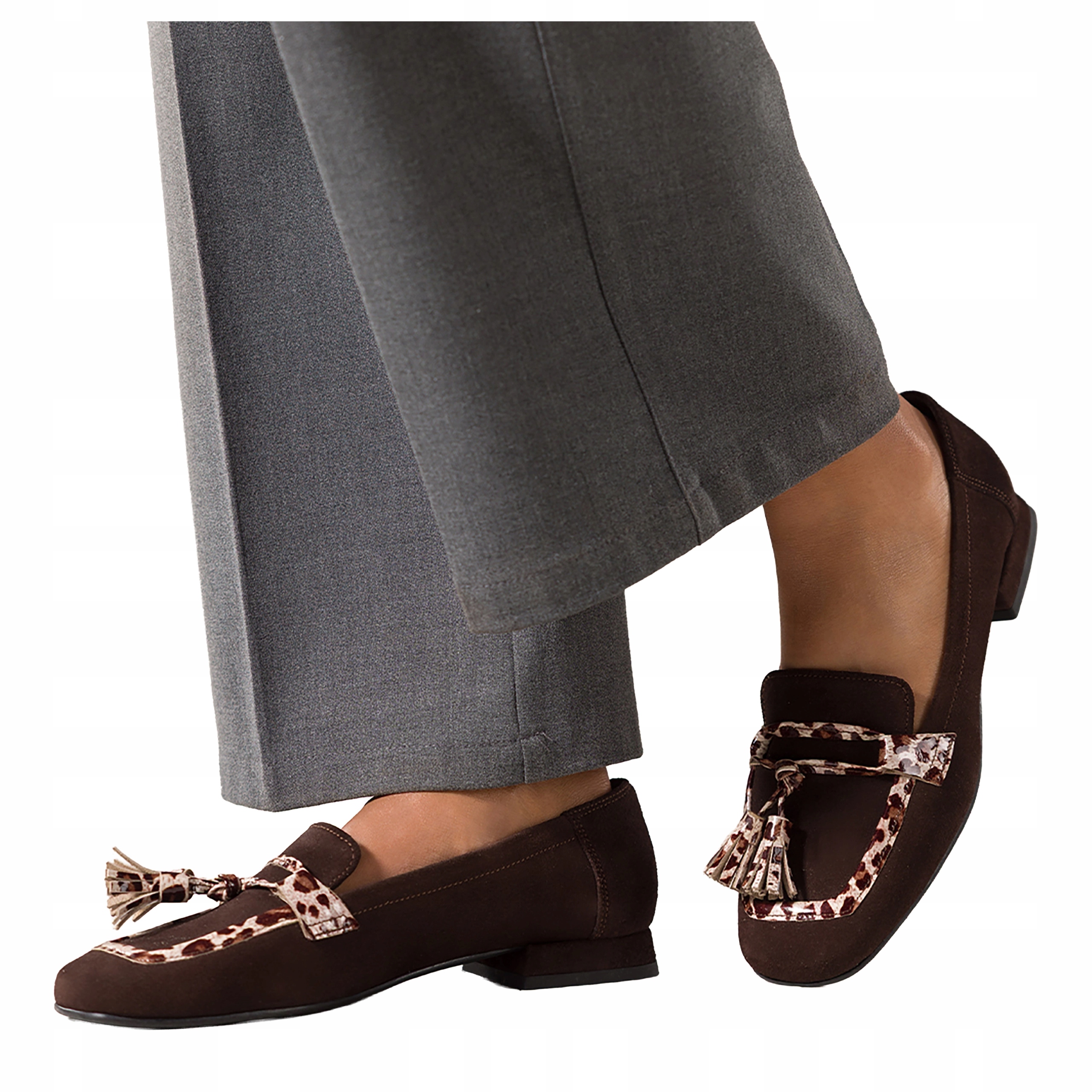 Čokoládové Mokasíny Dámské Kožené na bloku Vzor Panterky Chwosty r 36