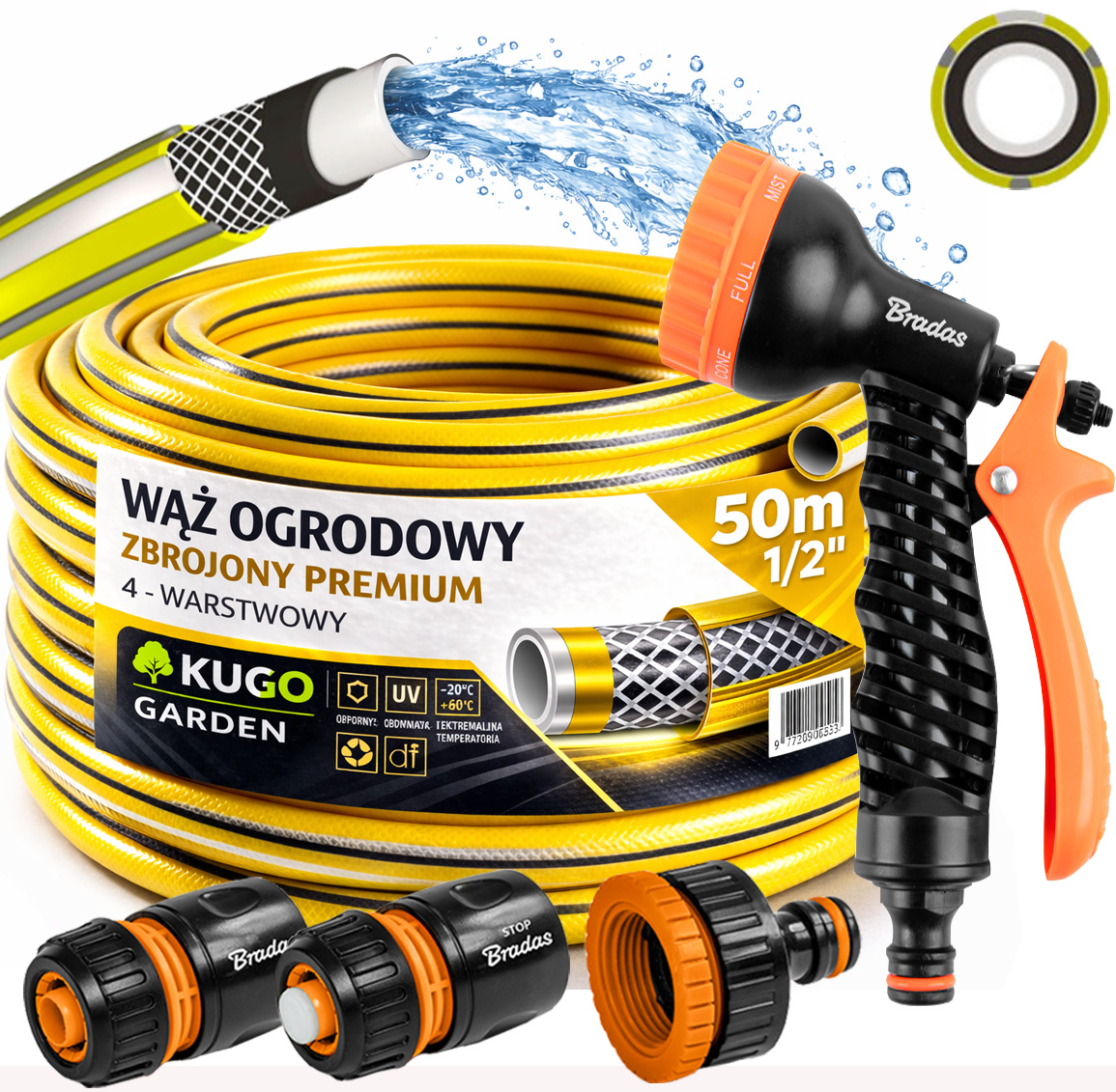 Hadice 1/2" 50 m 4 Vrstvy Premium Gun Spojky Set Bradas