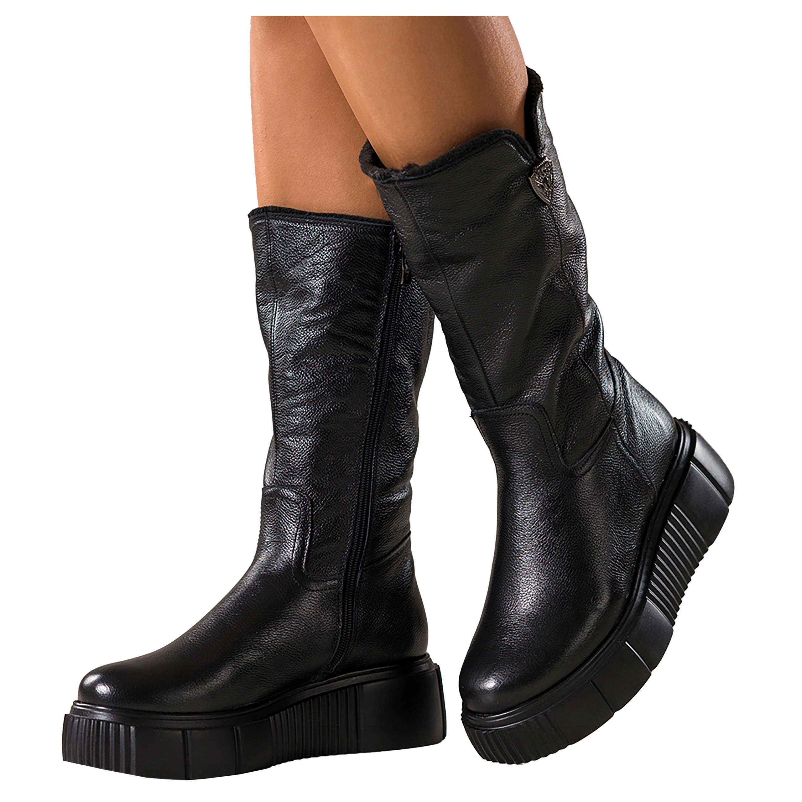 Černé dámské kožené kozačky před koleno na platformě, Pohodlné, velikost 40