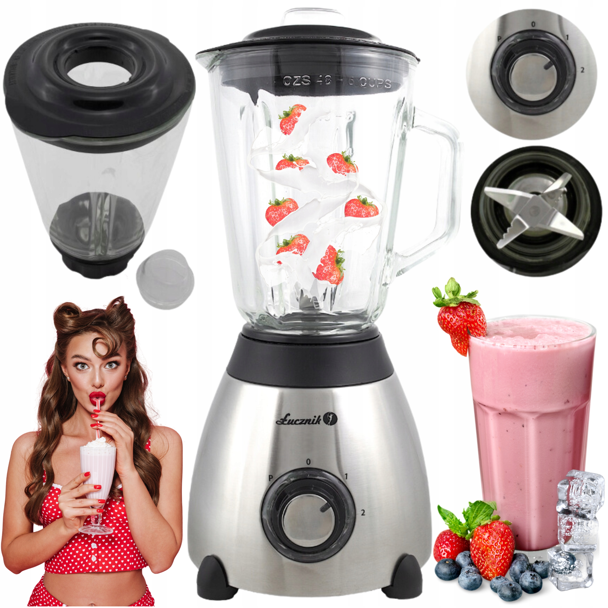 Blender Kielichowy Do Koktajli Szklany 550W Miksuje Kruszy Lód Mocny Inox