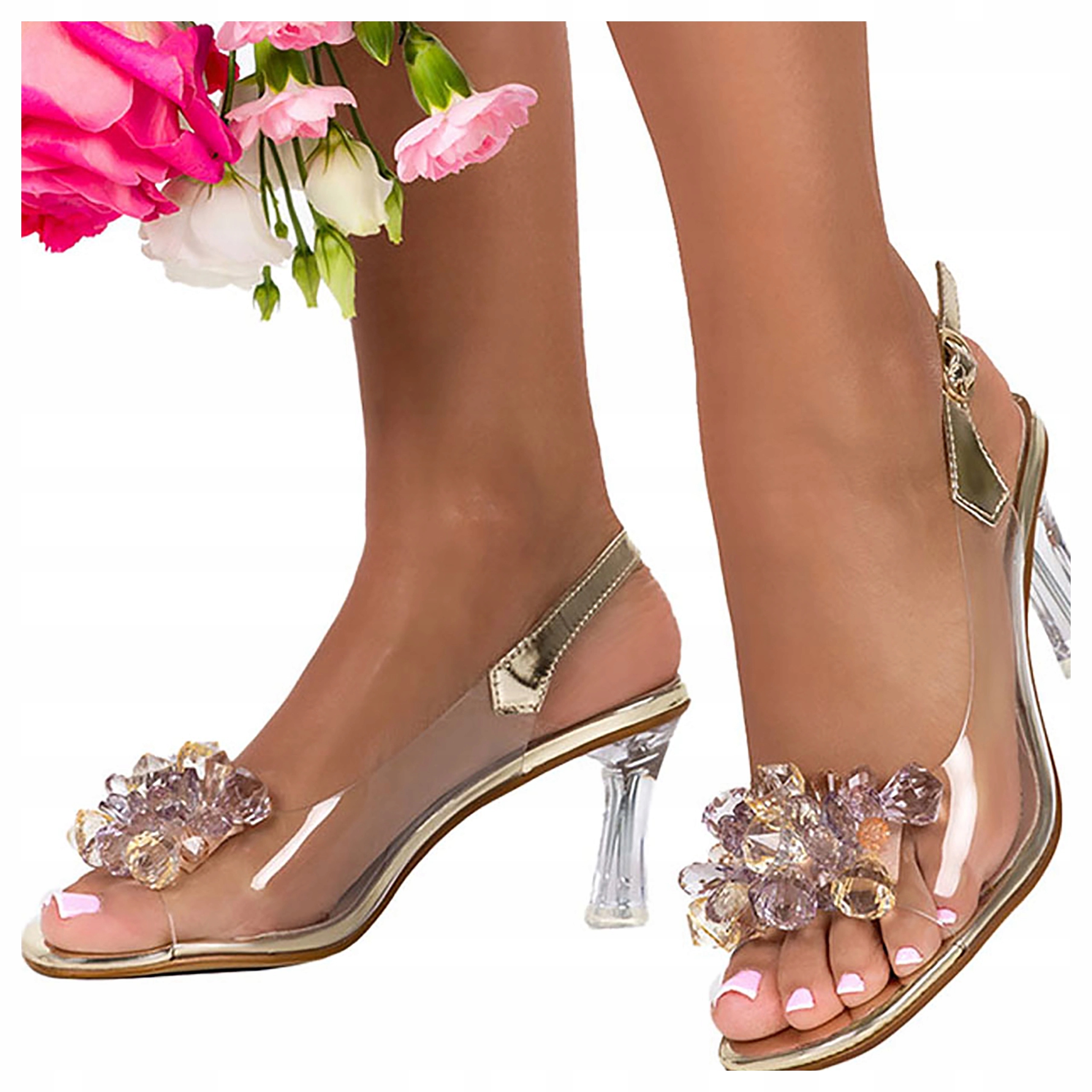 Dámské Sandály Zlaté Transparentní Podpatky Sklenička Elegantní Pohodlné vel. 40