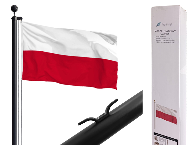 Czarny Maszt 1.8 Aluminiowy Flagowy 6,20 m Flaga Polski 150x90 cm Limited