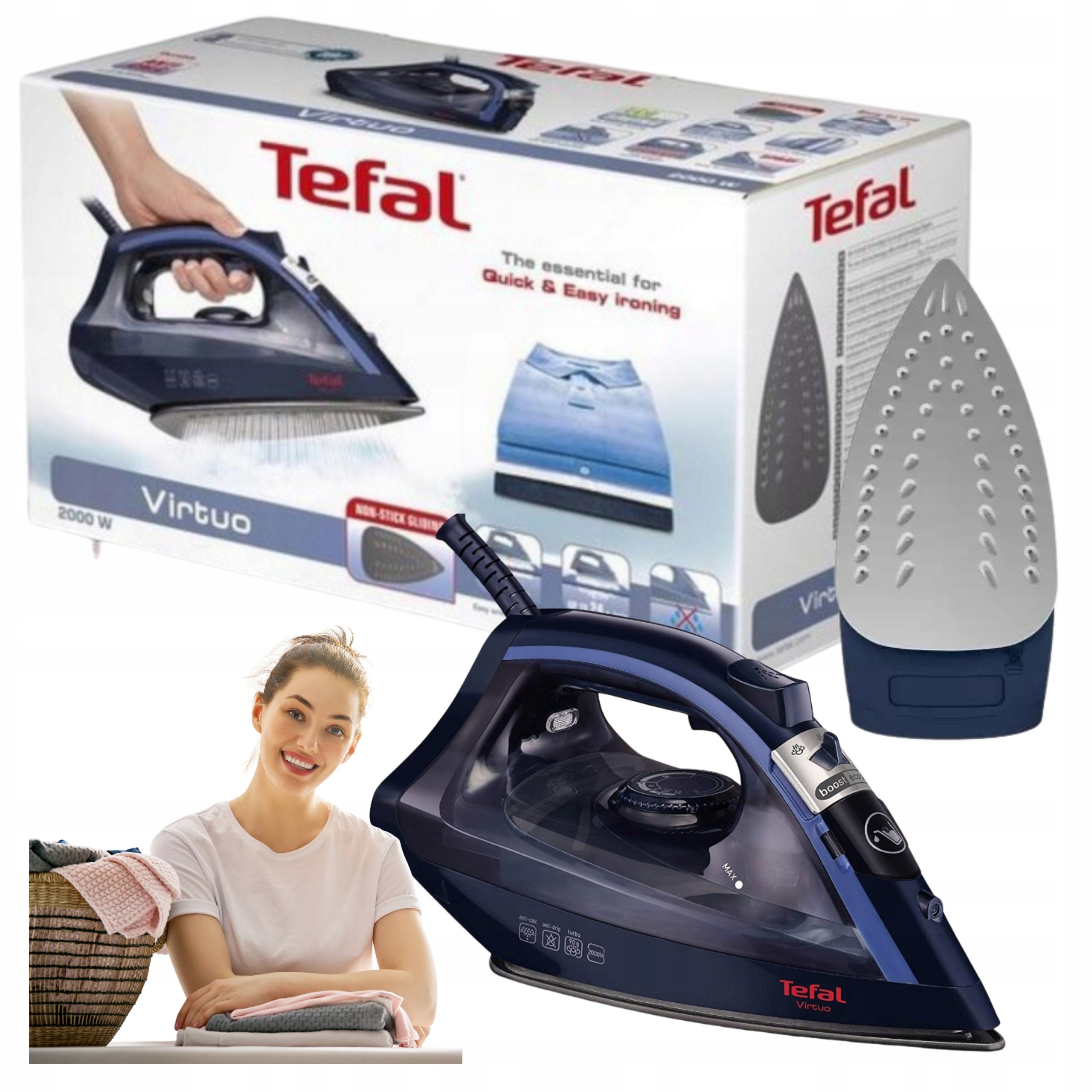 Żelazko Parowe Tefal Blokada Kapania Trwała Stopa Non-stick Mocne 2000W