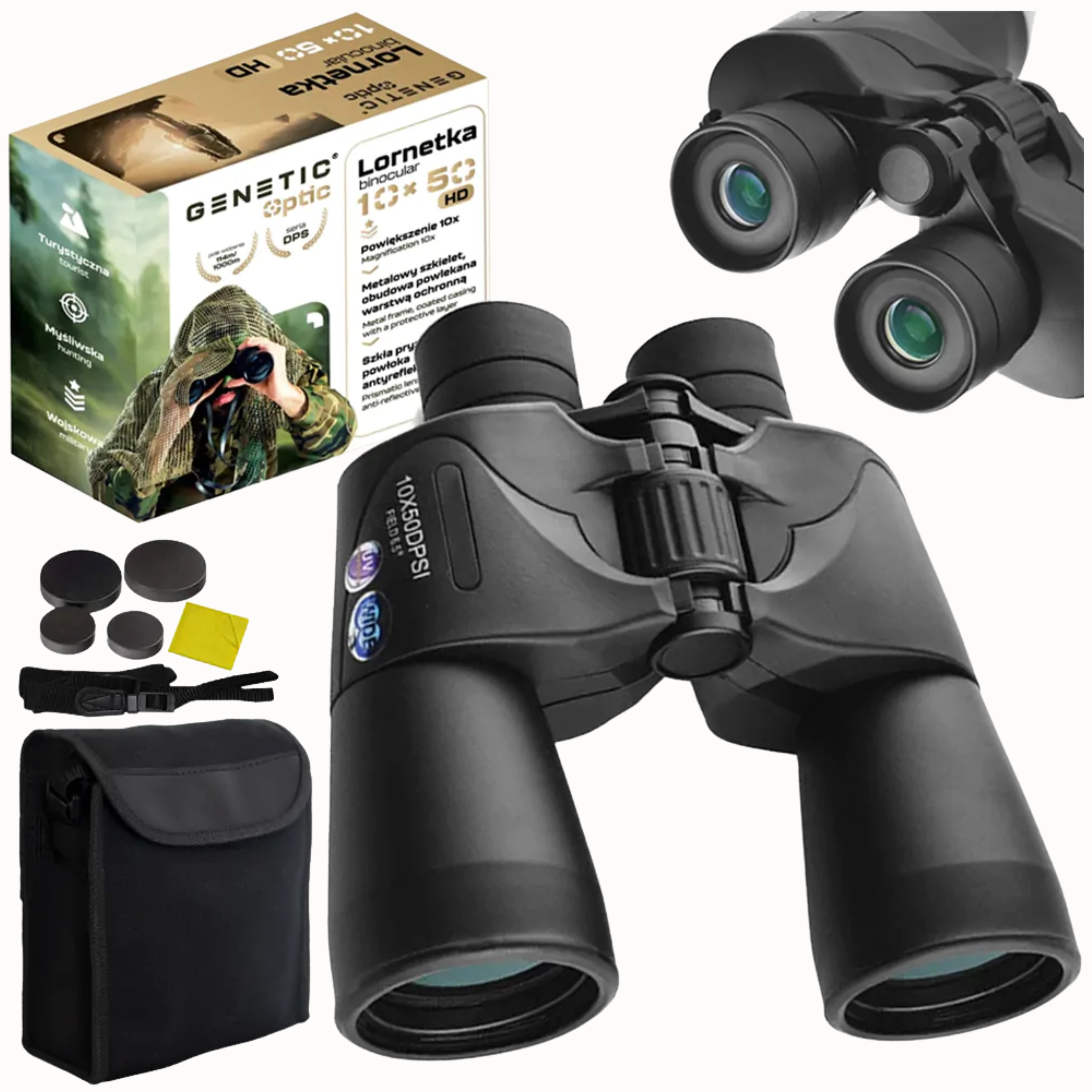 Lornetka Wojskowa Myśliwska Turystyczna Taktyczna Zoom 10×50 hd dps Zestaw