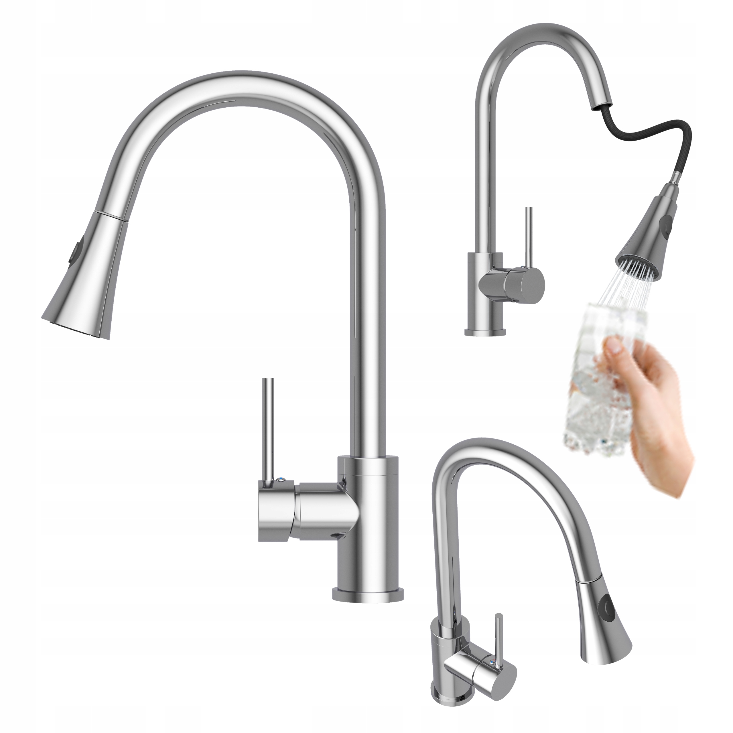 Chrómová kuchynská batéria Snake s výsuvným výtokom, strieborný kohútik do kuchyne