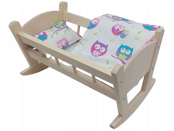 KOŁYSKA DREWNIANA dla lalek NIEMALOWANA + POŚCIEL