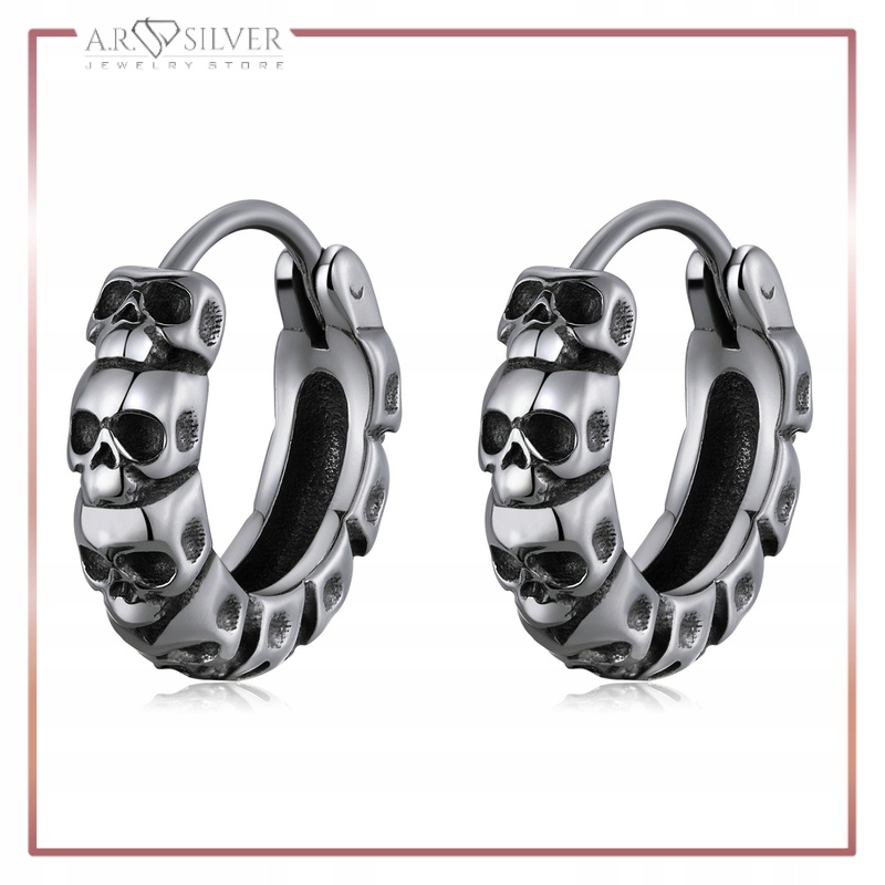 Piękne kolczyki CZASZKI VINTAGE szlachetna stal Kolor dominujący srebrny