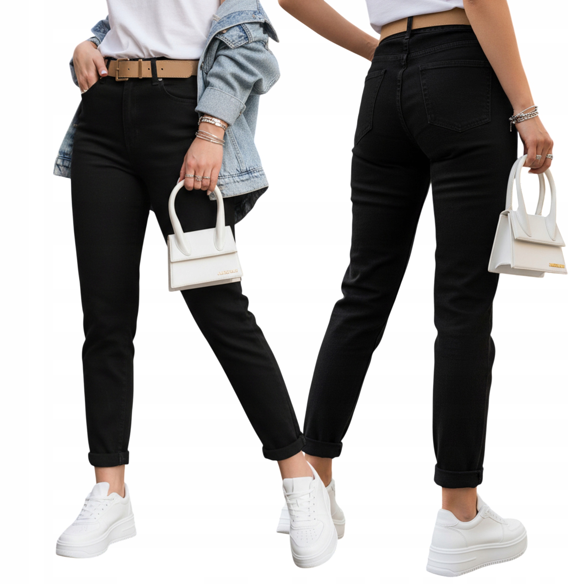 Jeansy damskie z wysokim stanem mom fit z paskiem czarne UY2873 XXL/44