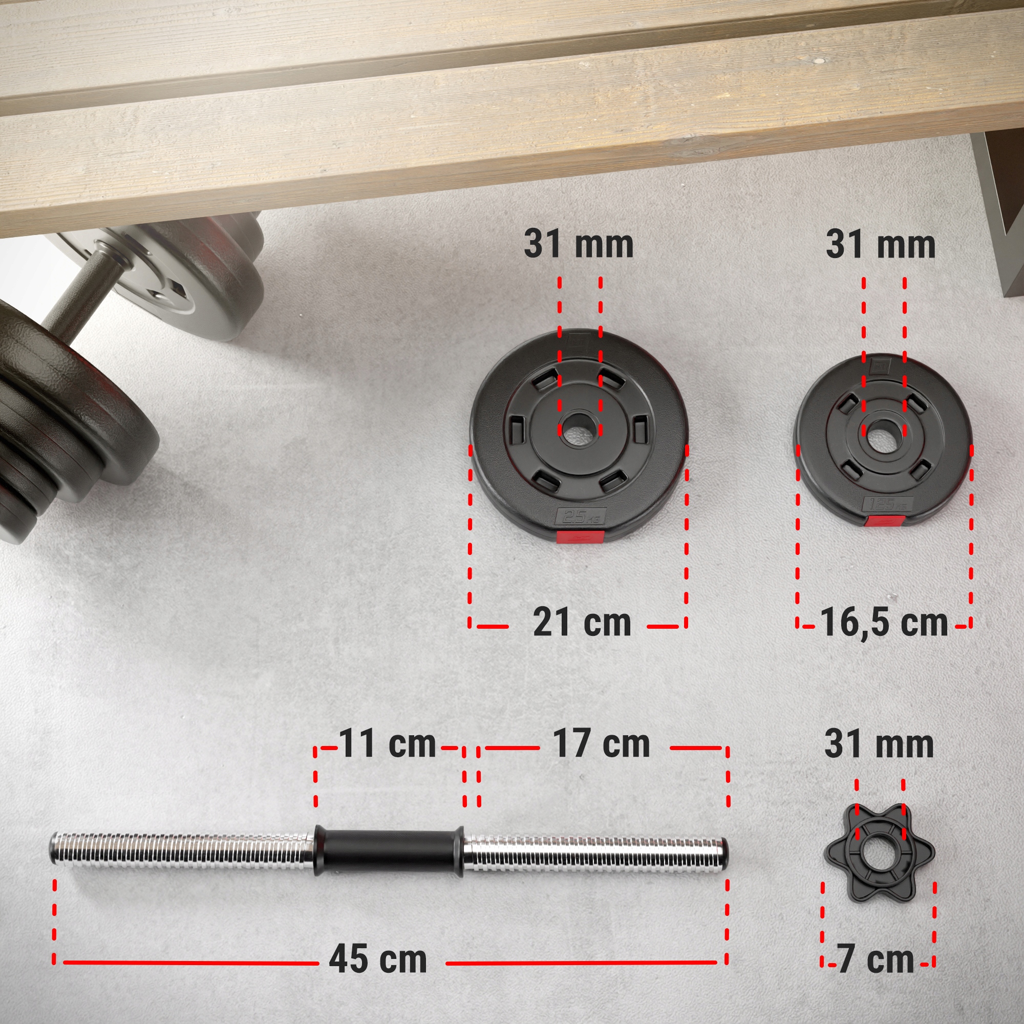Hantle kompozytowe 2x10kg bitumiczne sztangielka Długość całkowita 45 cm