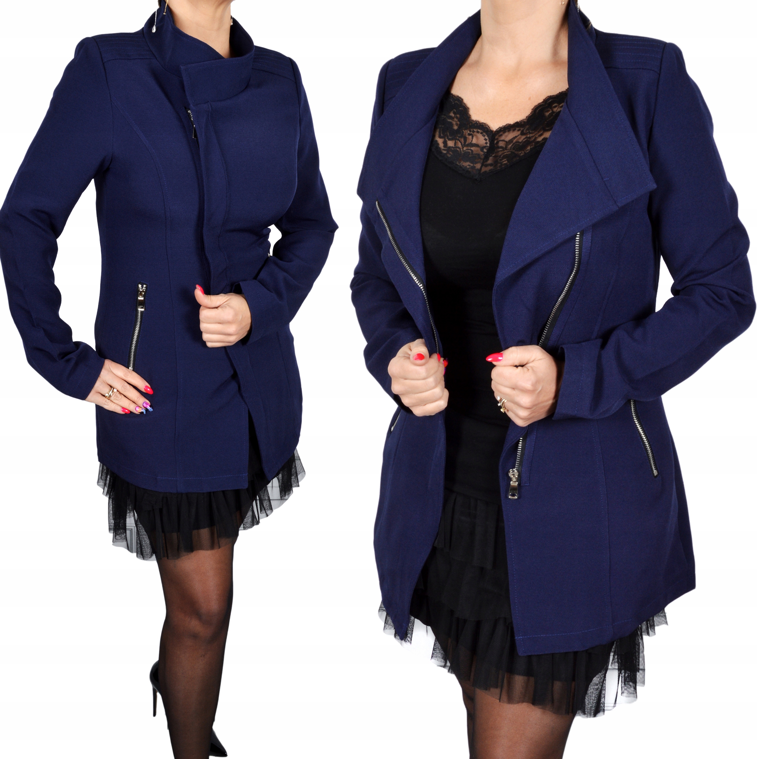 

Damski Płaszcz Ramoneska Trencz Żakiet Taliowany #