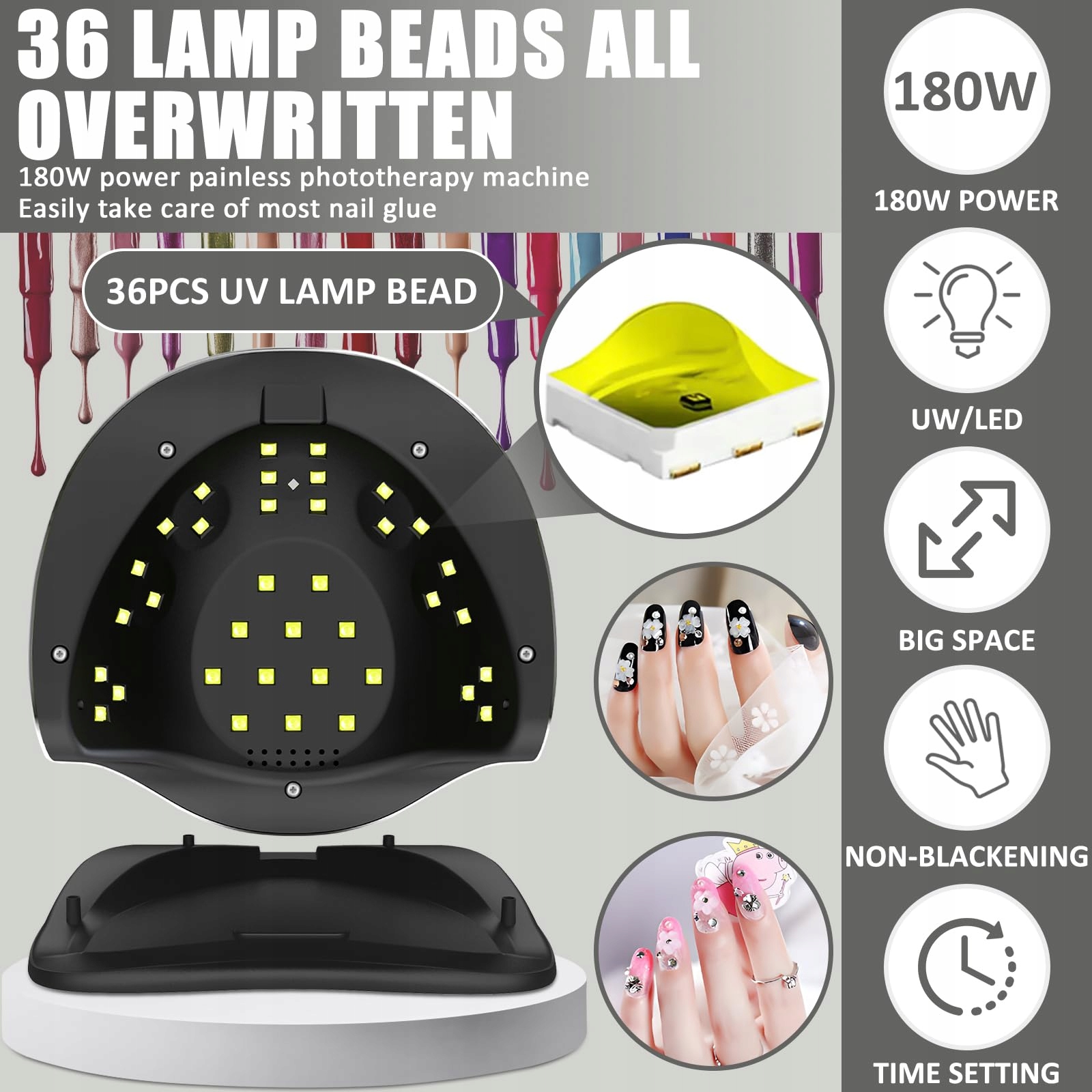 MOYKSRR Lampa UV LED 180W Do Paznokci Z Sensorem I 4 Timerami — miniatura 3