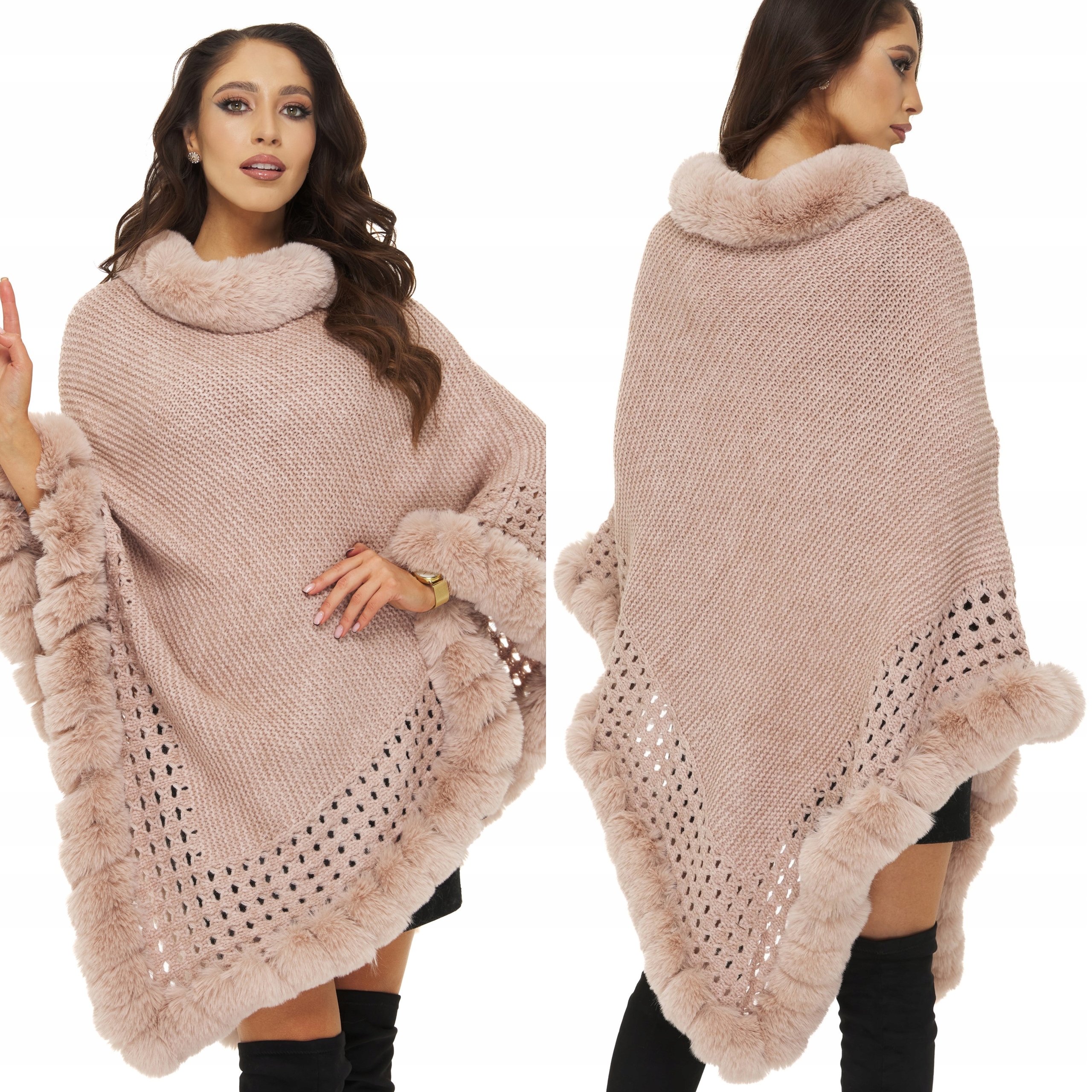 

Poncho Ponczo futro dzianina ażurowa pudrowy róż