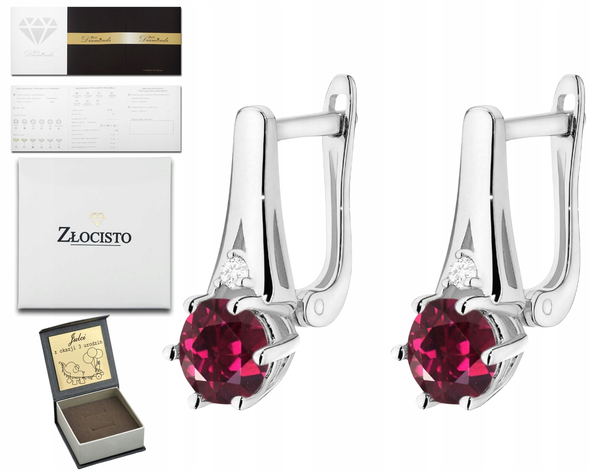 Náušnice Bílého Zlata S Přírodním Zlato Ryzost Rhodolitem A Diamanty Zlato 585 14K