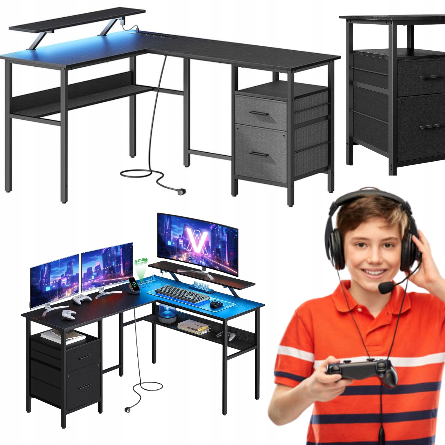 Rohový Led stôl s nadstavcom, Usb zásuvka, herná nabíjacia stanica Loft