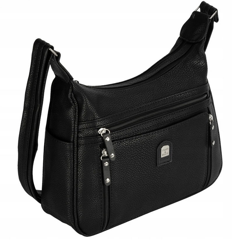 TOREBKA DAMSKA POJEMNA TORBA NA RAMIĘ KIESZONKI CZARNA SKÓRA VELLUGGIO Kolor okuć srebrny