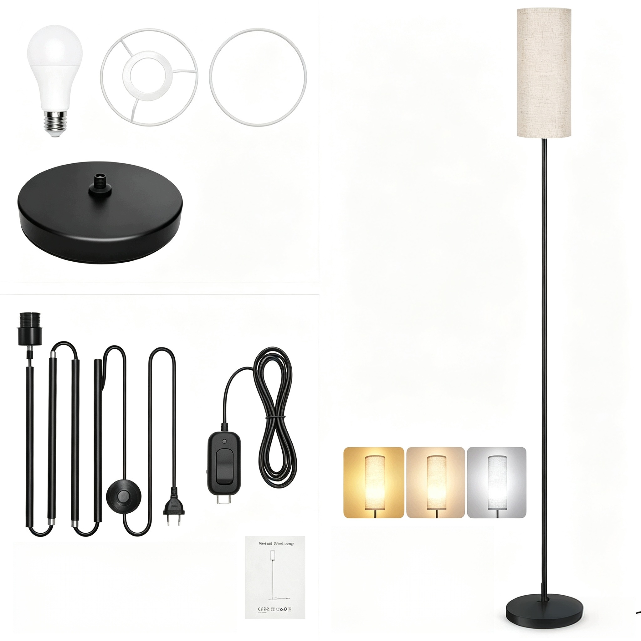 Stojací Lampa Podlahová Lampa S Žárovkou E27 Noční Lampa Lněné Stínidlo