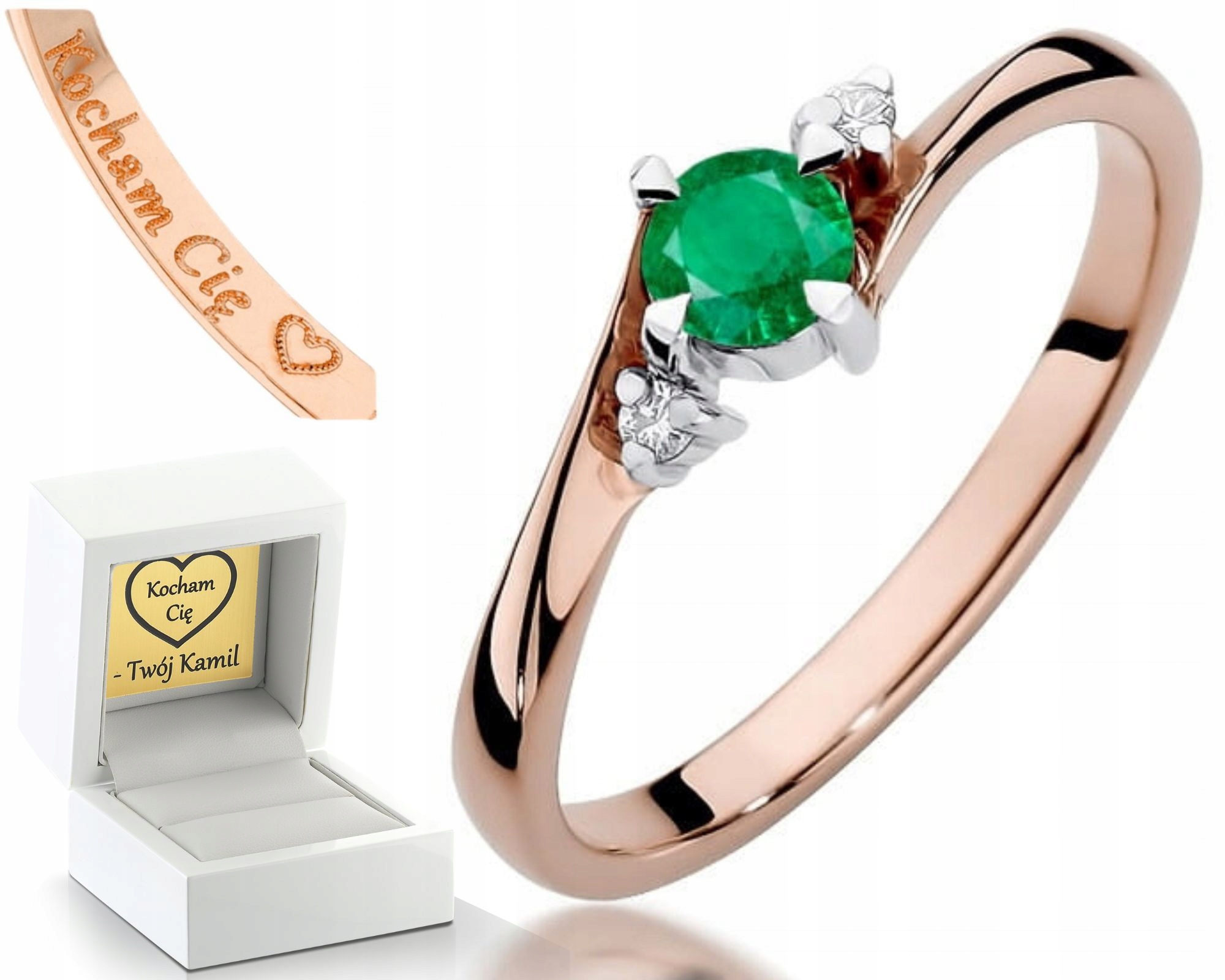 Zásnubní Prstýnek Smaragd Diamanty Růžové Zlato Gravírování 585 Bonus