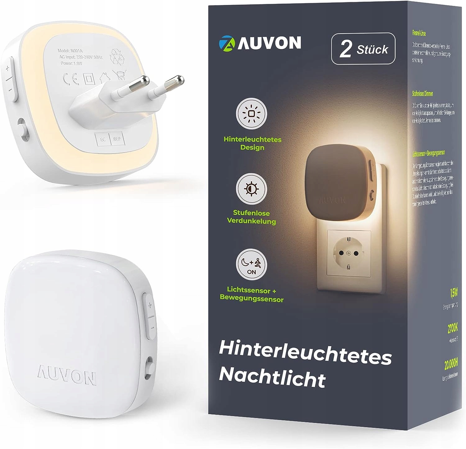 Lampka Nocna Led Auvon Z Czujnikiem Ruchu Zmierzchu Regulowana Zestaw 2SZT