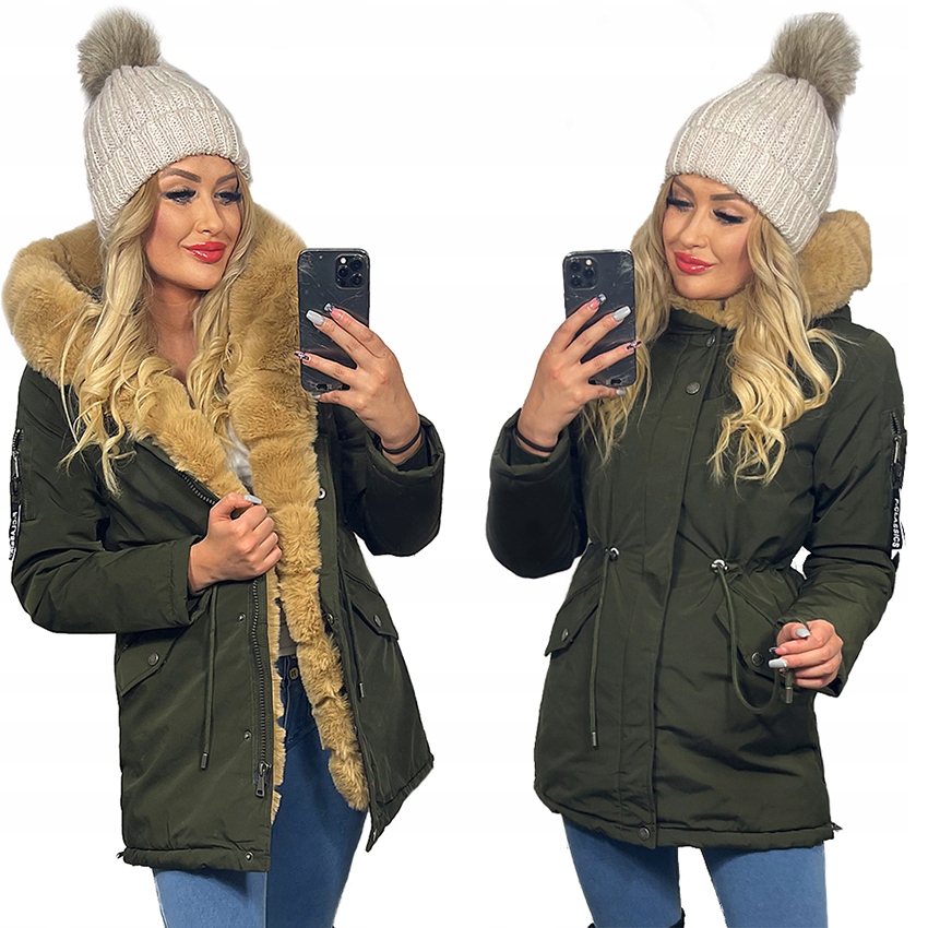Kožíšek Teplá Dámská Parka Bunda S Kapucí Khaki Zelená S Kožíškem S