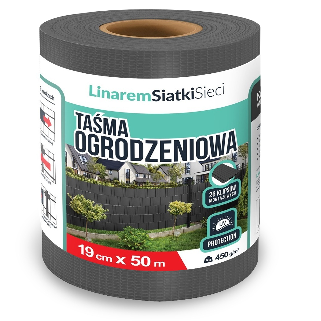 Taśma Ogrodzeniowa 19cm x 50m Osłona Mata Na Ogrodzenia Grafitowa+klipsy