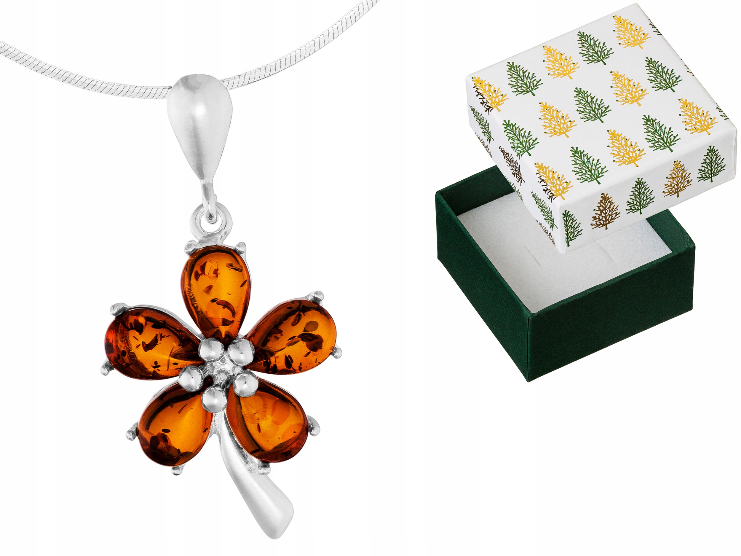 Stříbrný náhrdelník Květina Přívěsek Jantarem Přívěsek Květina Řetízek 90