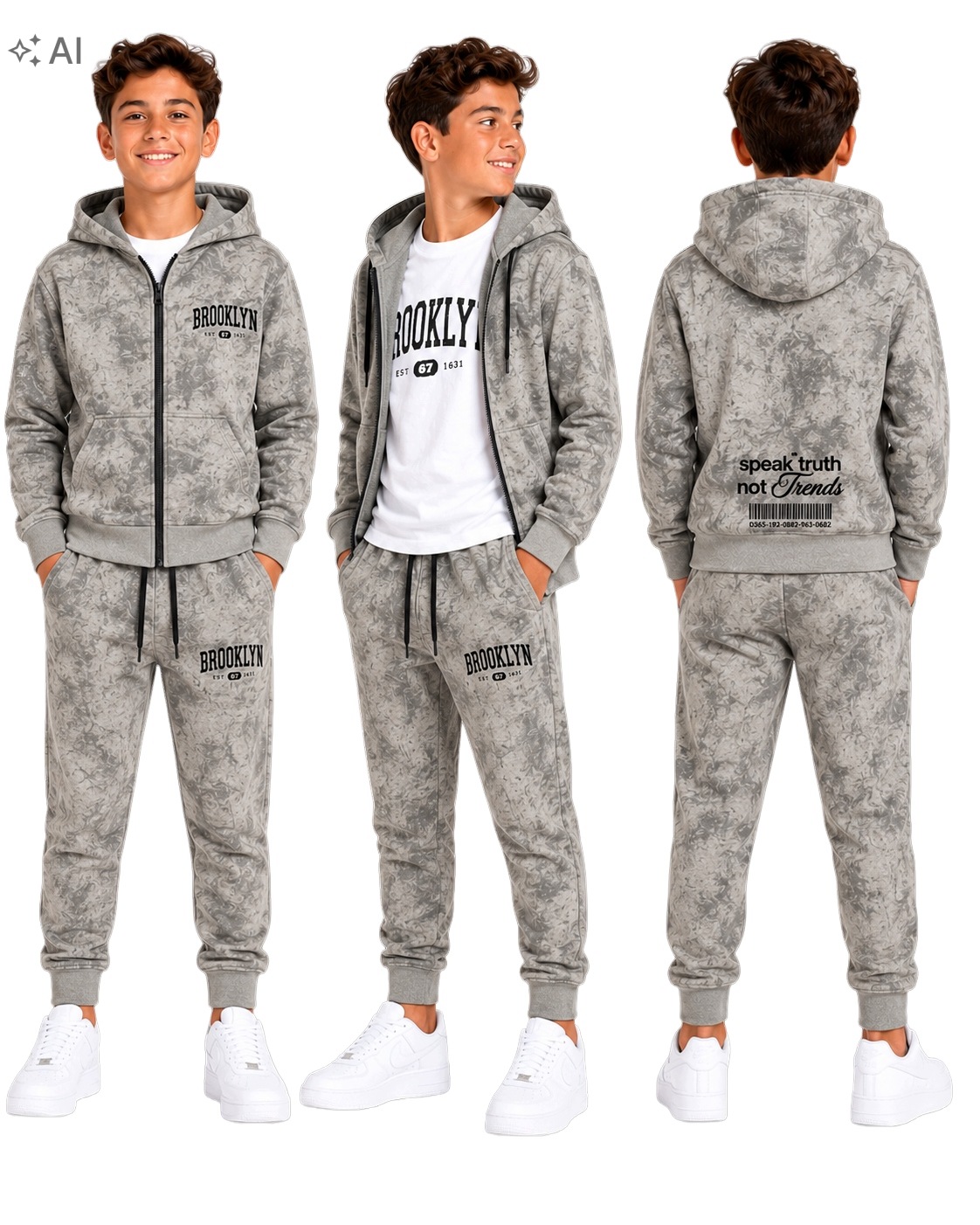 Dres chłopięcy 3-cz szary Tie-dye Komplet dresowy dla chłopca 164