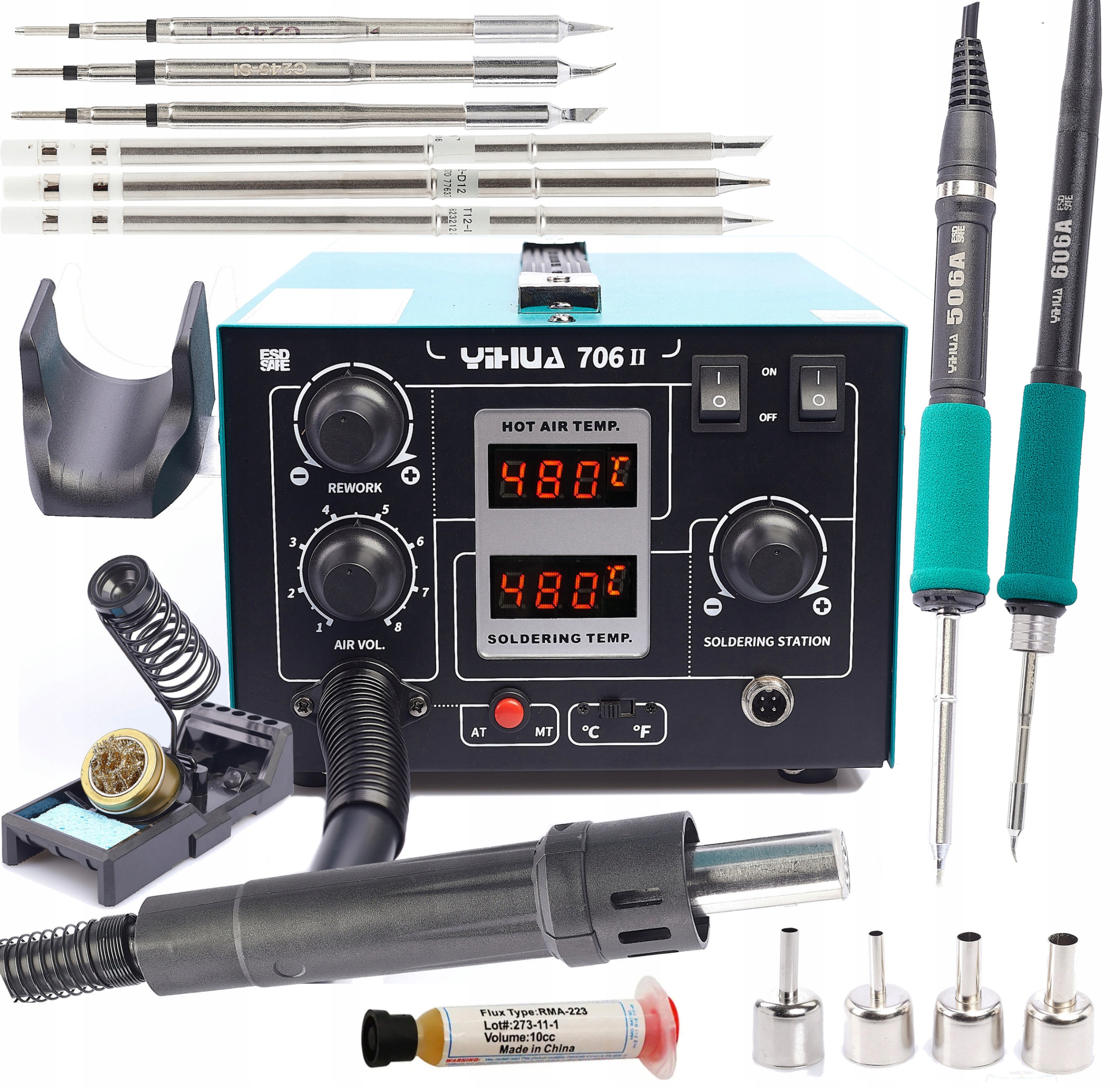 Profesjonalna Stacja Lutownicza 2W1 Yihua 706 II 6 Grotów T12 T245 2 Kolby