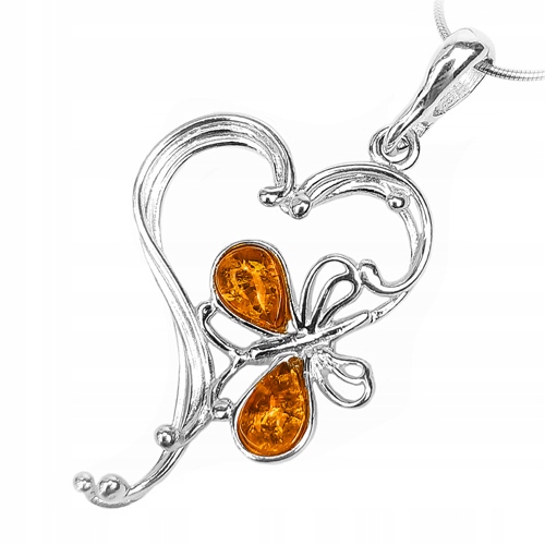 Stříbrný Přívěsek srdce Srdíčko z přírodního Jantaru ze Stříbra ryzosti 925