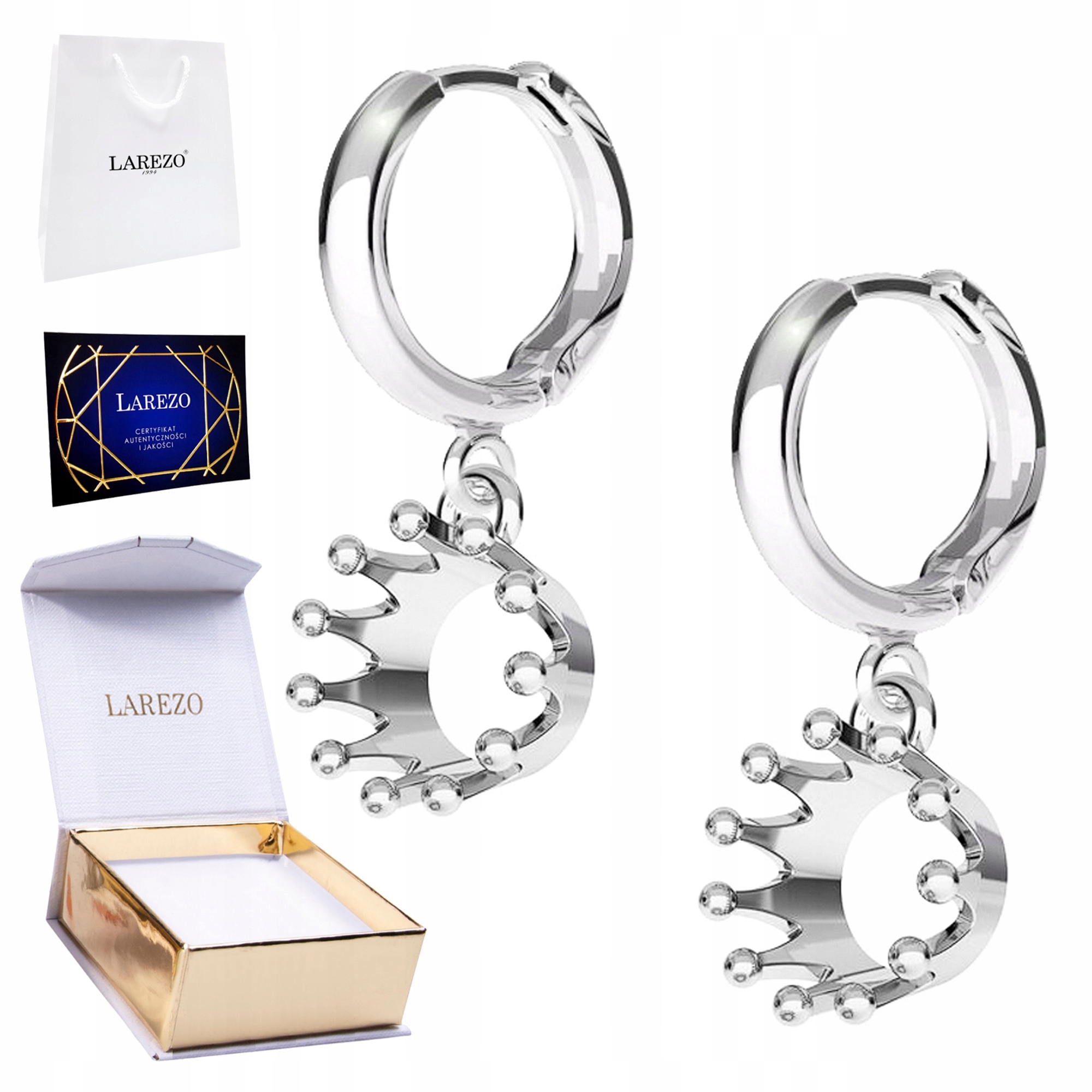 Krásné Stříbrné Náušnice 925 Kulaté s korunkami Lesklé korunky Koruna Stříbro