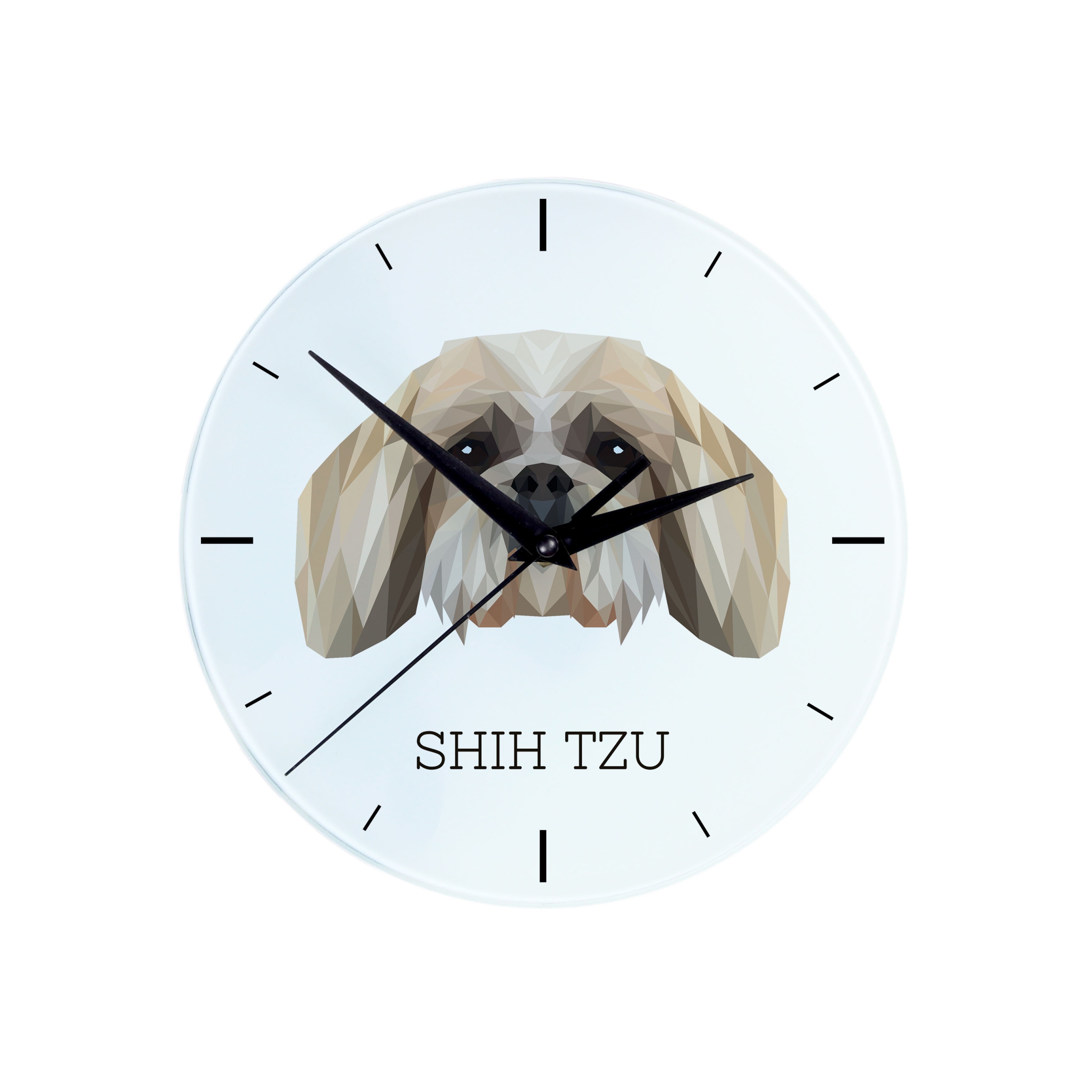 Shih Tzu skleněné závěsné nástěnné hodiny s geometrickým psem