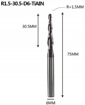 Kónická spirálová fréza R1,5x6,0x30,5x75 pro Cnc