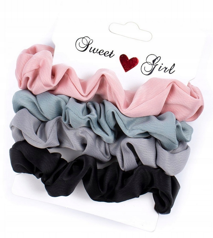 ZESTAW SCRUNCHIES 4 SZTUKI GUMKI DO WŁOSÓW FROTKI CZARNA SZARA RÓZOWA