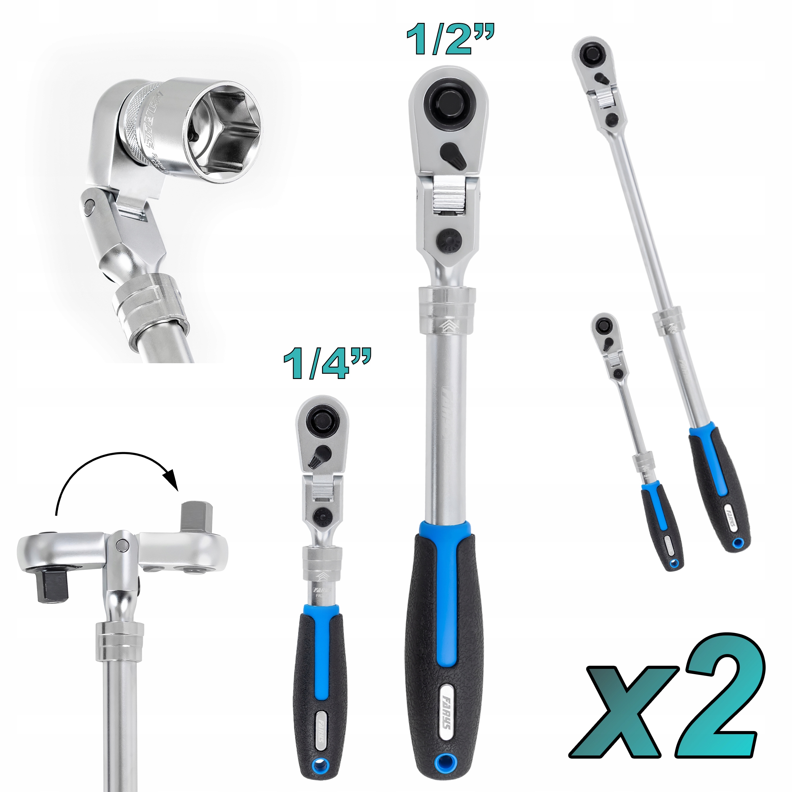 2x Teleskopická lomená ráčna Slim 1/2" 1/4" Sada Farys