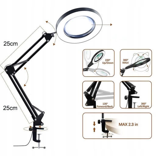 LAMPKA KREŚLARSKA BIURKOWA SZKOLNA BIURKO DO BLATU LED LUPA POWIĘKSZAJĄCA Model LAMPA Z LUPĄ POWIĘKSZAJĄCĄ I PODŚWIETLENIEM LED