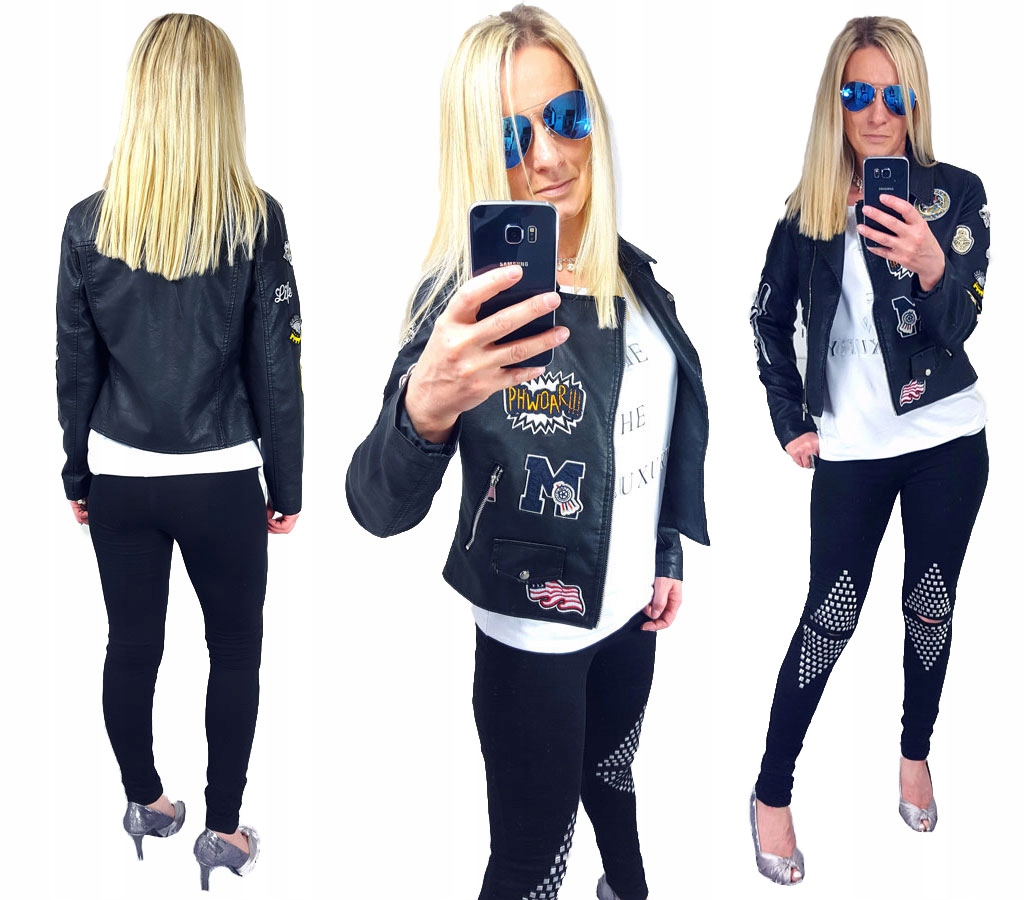 

Kurtka Skóra Ramoneska Moto Biker Haft Naszywki M