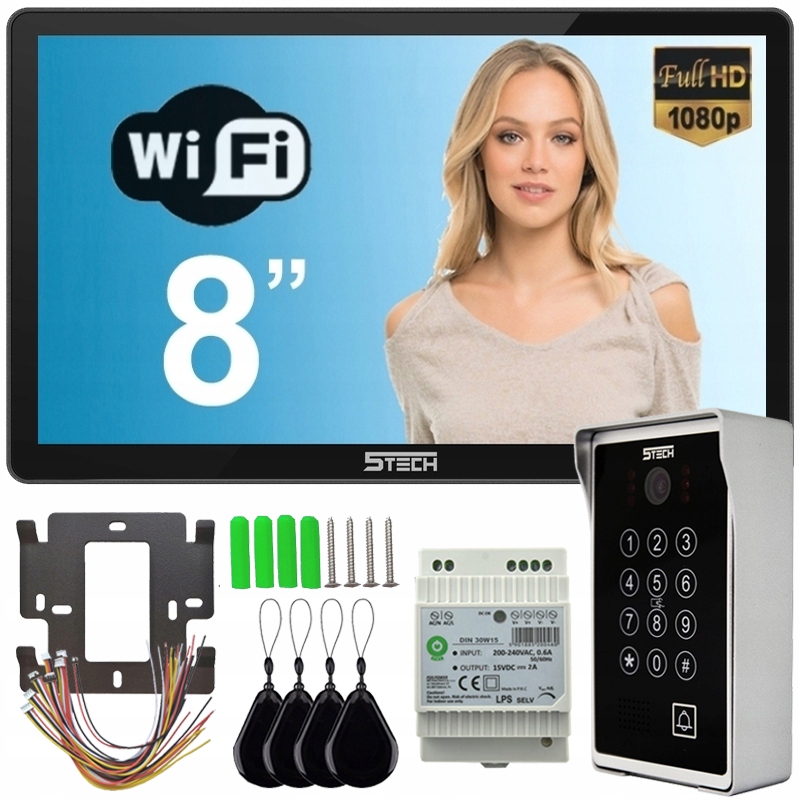 Wideodomofon 5TECH 8" Wi-Fi z Aplikacją Na Telefon Tuya Czytnik Szyfrator