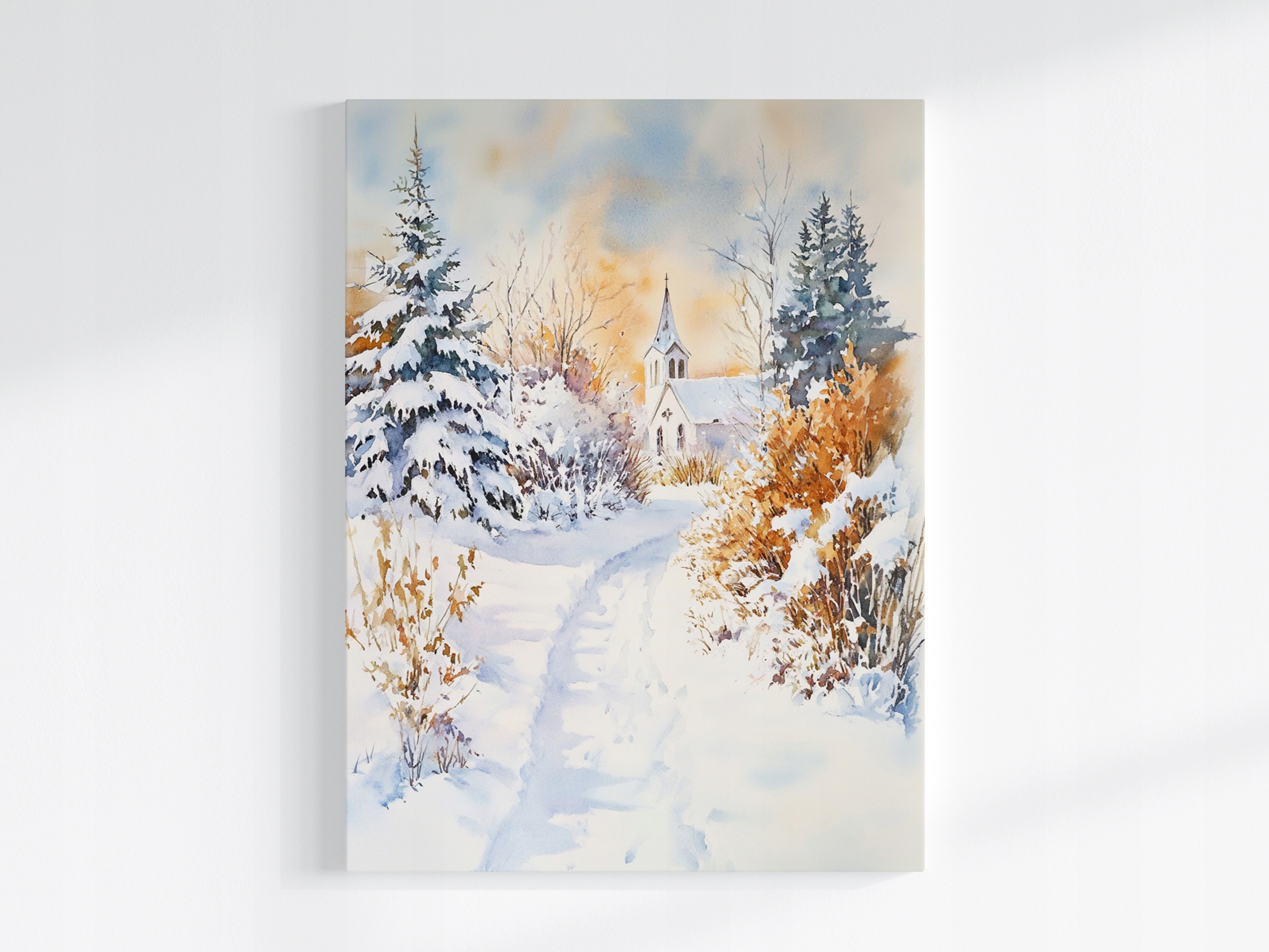 Obraz Na Plátně Canvas Krajina Kopec Kostel Zima Sníh Stezka 60x80