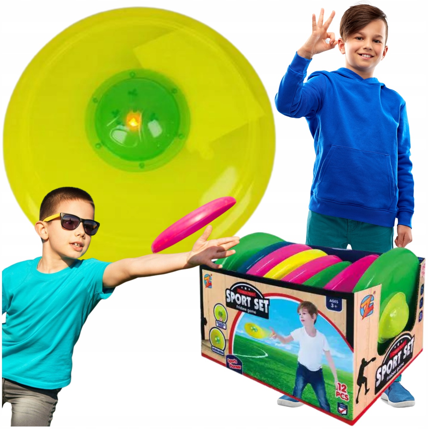 Dysk Latający FRISBEE ŚWIECĄCY dla dzieci zabawa DŁUGI LOT dioda LED Szerokość produktu 23 cm