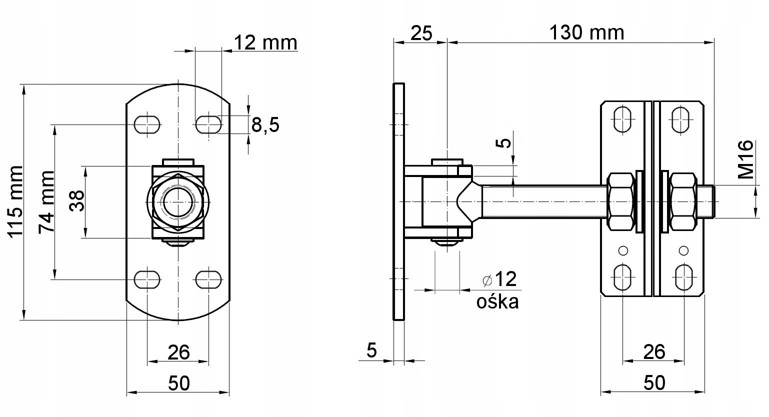 Zawias regulowany M16 180° PRZYKRĘCANY DWUSTRONNIE Kolor ocynk