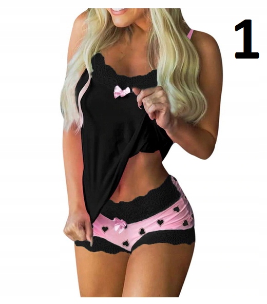 SEKSOWNA PIŻAMKA SATYNOWA KORONKA SPODENKI XL Dekolt inny