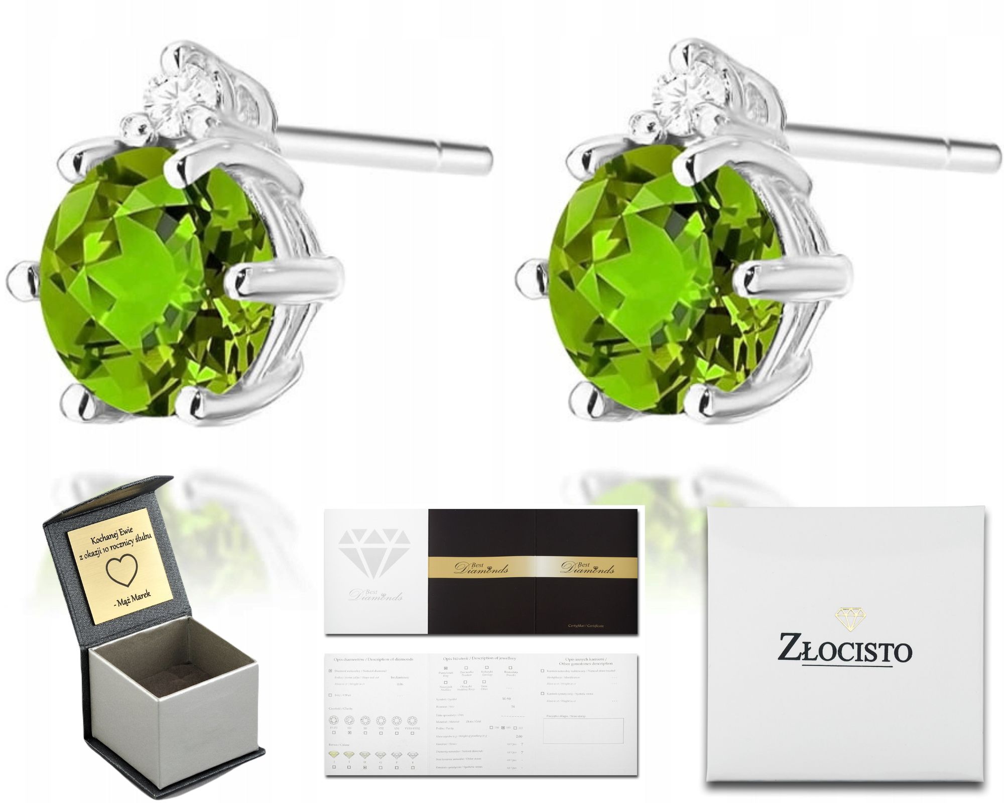 Náušnice V Bílém Zlatě S Přírodním Kamenem Olivínové Brilianty Diamanty