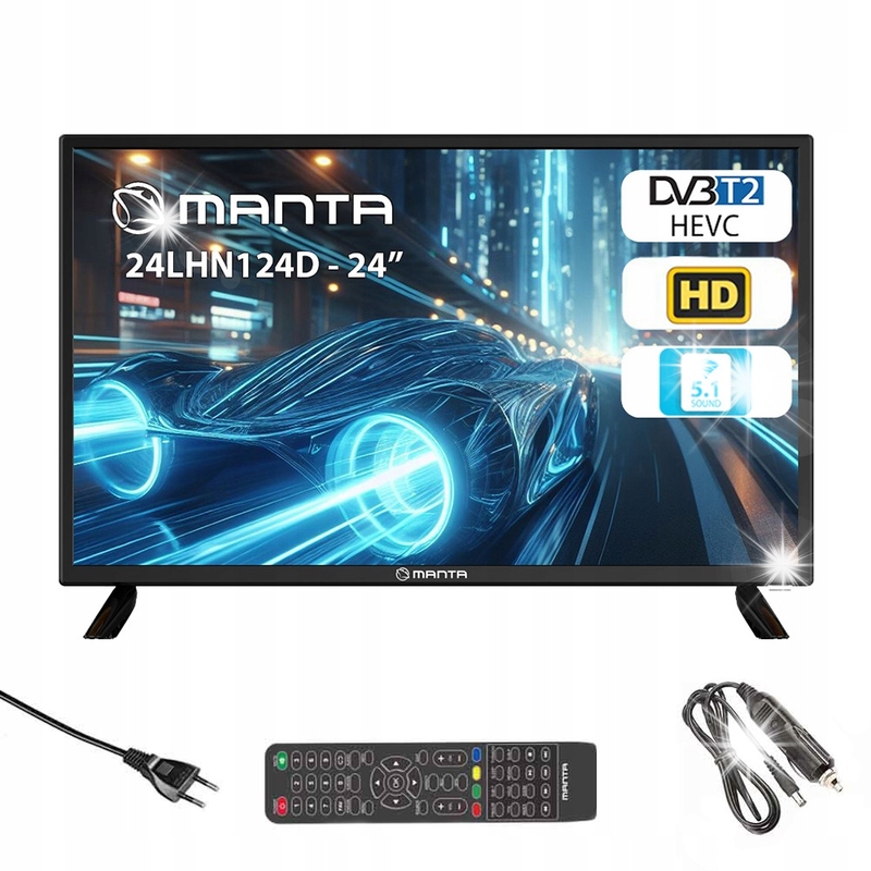 Telewizor 24 cale Led Tv Hd Tuner DVBT2 HEVC/265 Usb Mobilny Zasilanie 12V