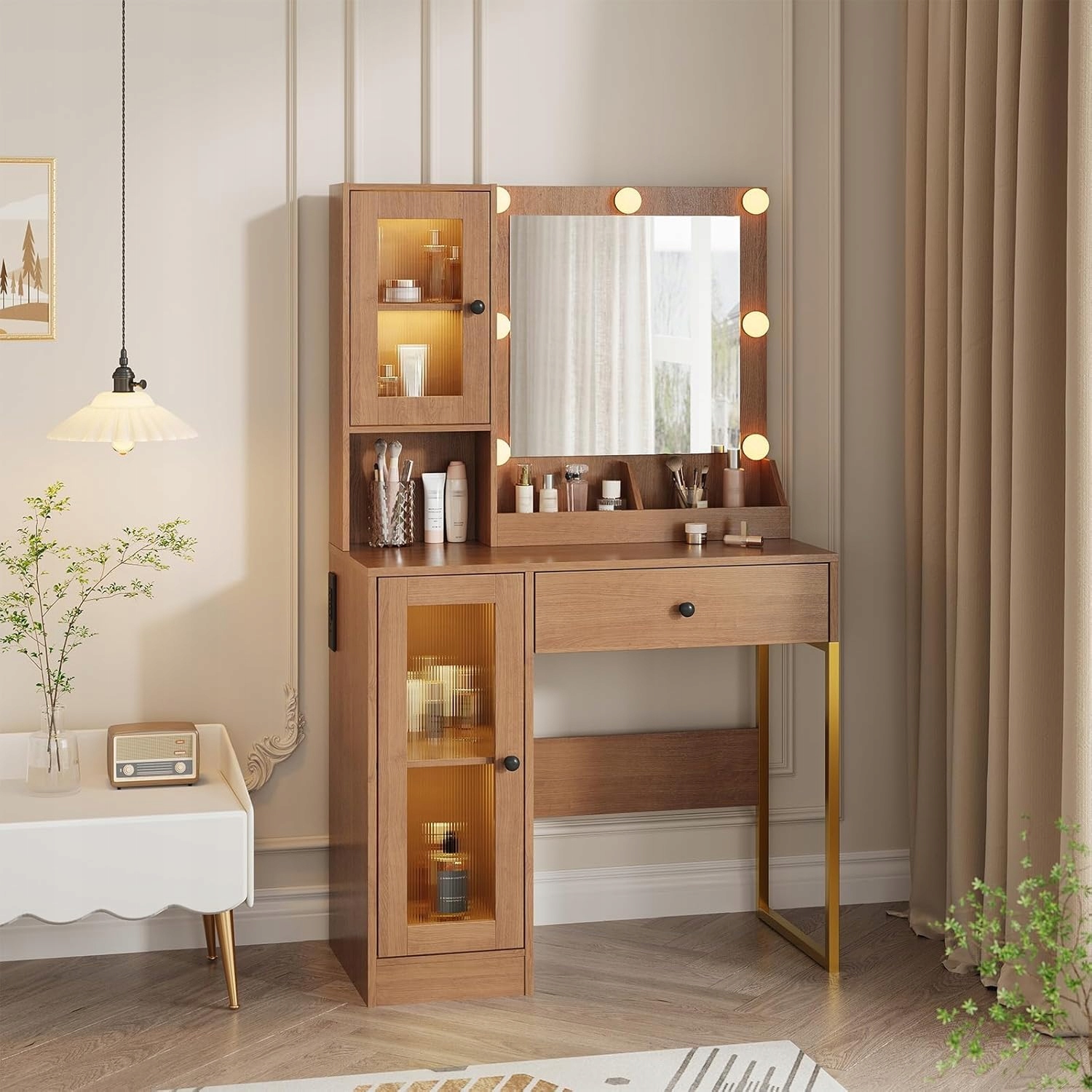 Toaletní stolek se zrcadlem a 10 světly, nabíjecí stanicí, v barvě dřeva