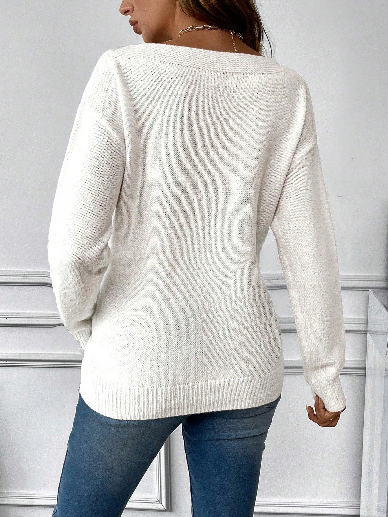 BIAŁY CIĄŻOWY SWETER ZDOBIENIA KRYSZTAŁKI Z DŁUGIM RĘKAWEM SHEIN 38 Rozmiar 38