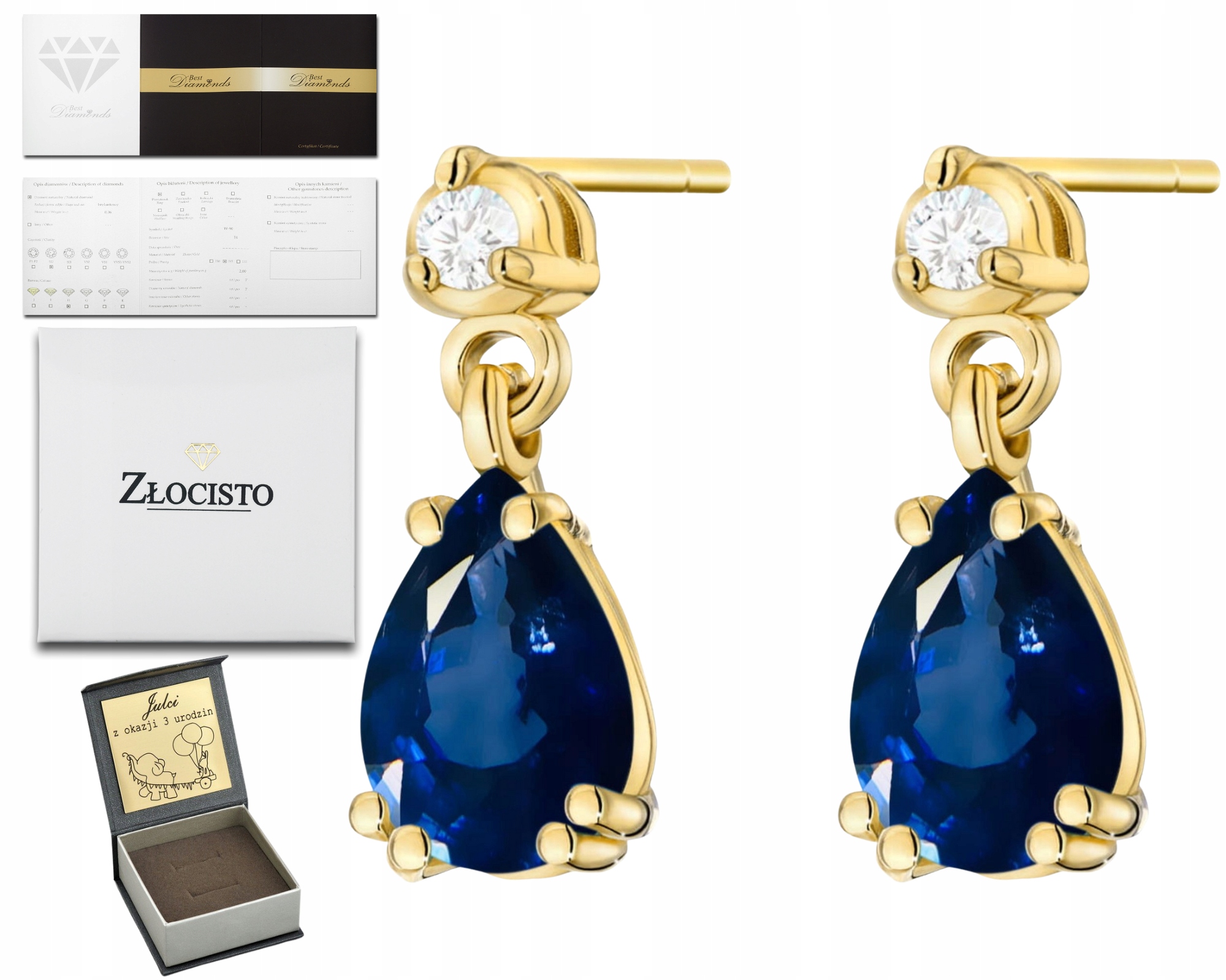 Zlaté Náušnice Se Safíry A Diamanty 585 Dárkový Dárek 585